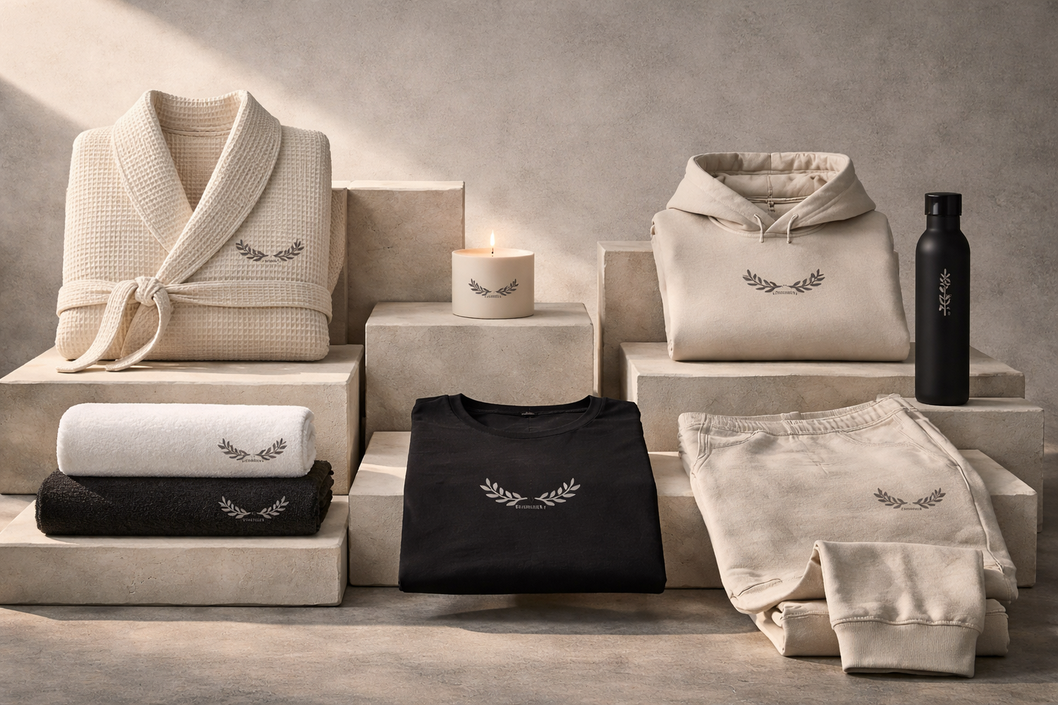 A display of cozy loungewear and accessories, featuring a laurel wreath design, arranged on stone blocks—perfect inspiration for any Hospitality Branding Agency seeking elevated comfort with style.