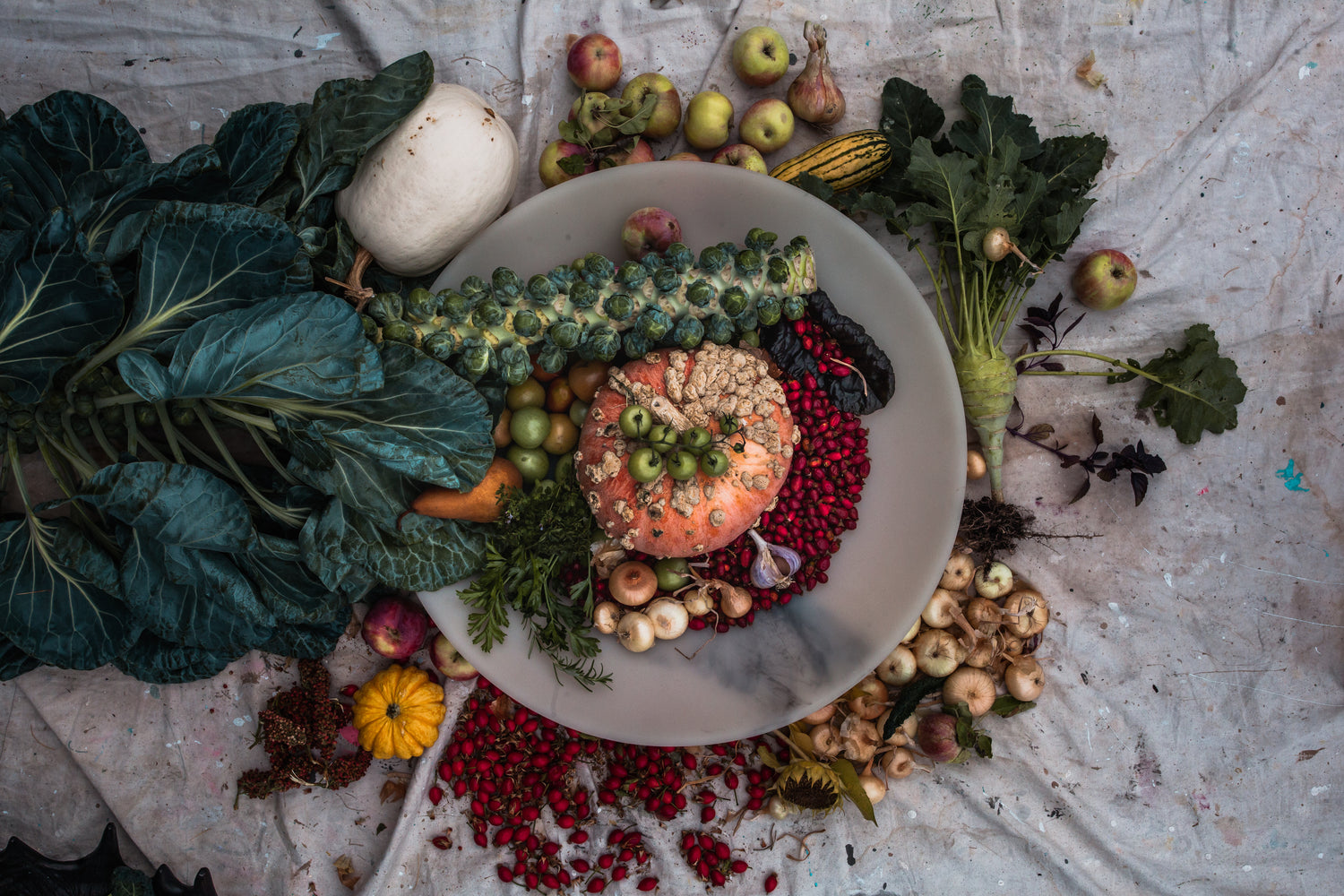 A large plate filled with various fruits and vegetables, including a pumpkin, Brussels sprouts, apples, and berries, artfully arranged by a creative agency for wine  hospitality on a white cloth backdrop surrounded by leafy greens.
