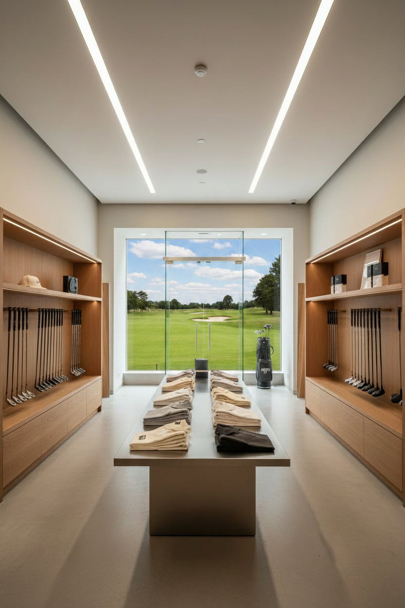 Contemporary design golf pro shop, filled with golf merchandise that is styled meticulously to elevate the golf course brand and promote sales of the golf club branded merchandise
